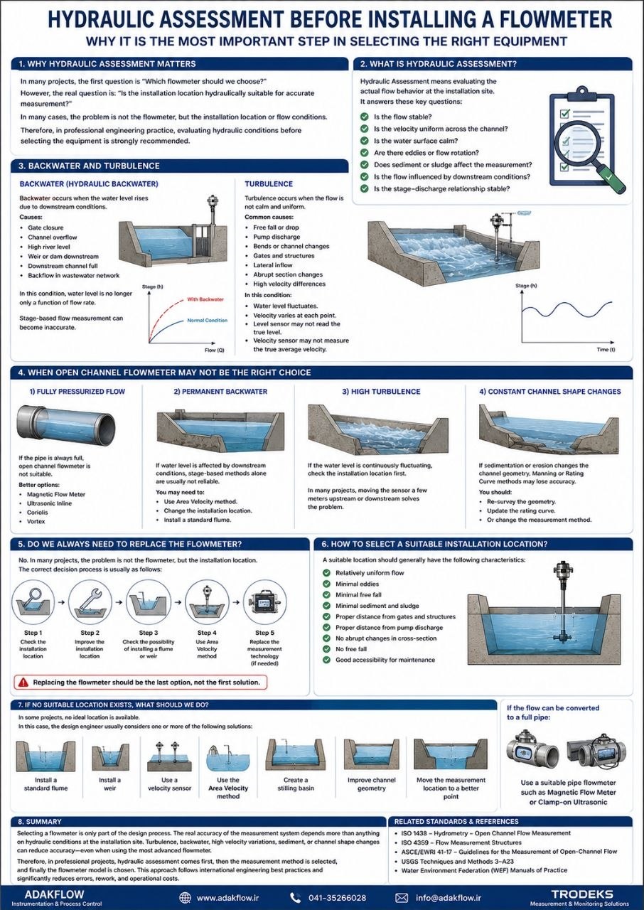 Hydraulic Evaluation of Open Channel Flow Meter Installation Locations under Backwater and Severe Turbulence Conditions