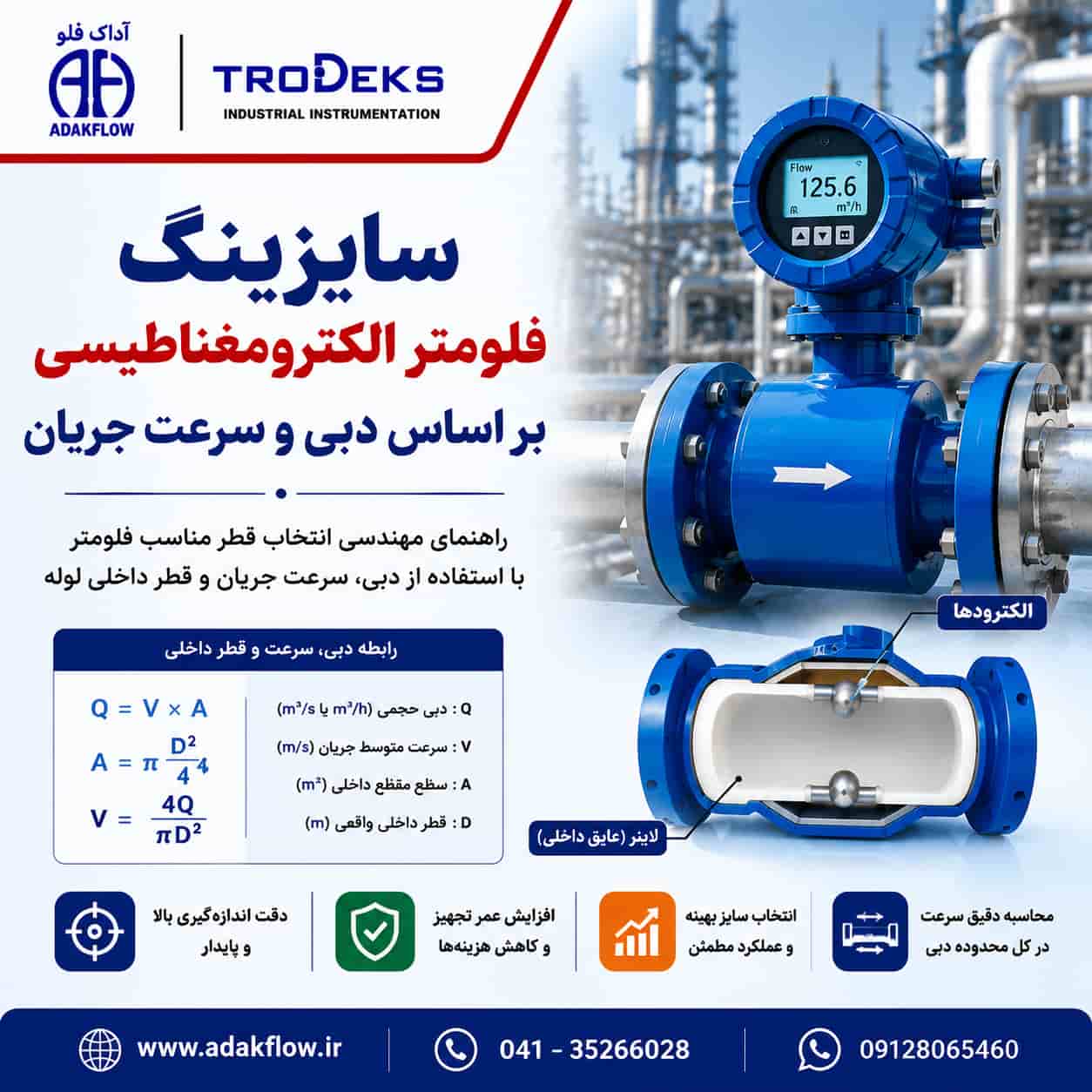 سایزینگ فلومتر الکترومغناطیسی بر اساس دبی و سرعت جریان