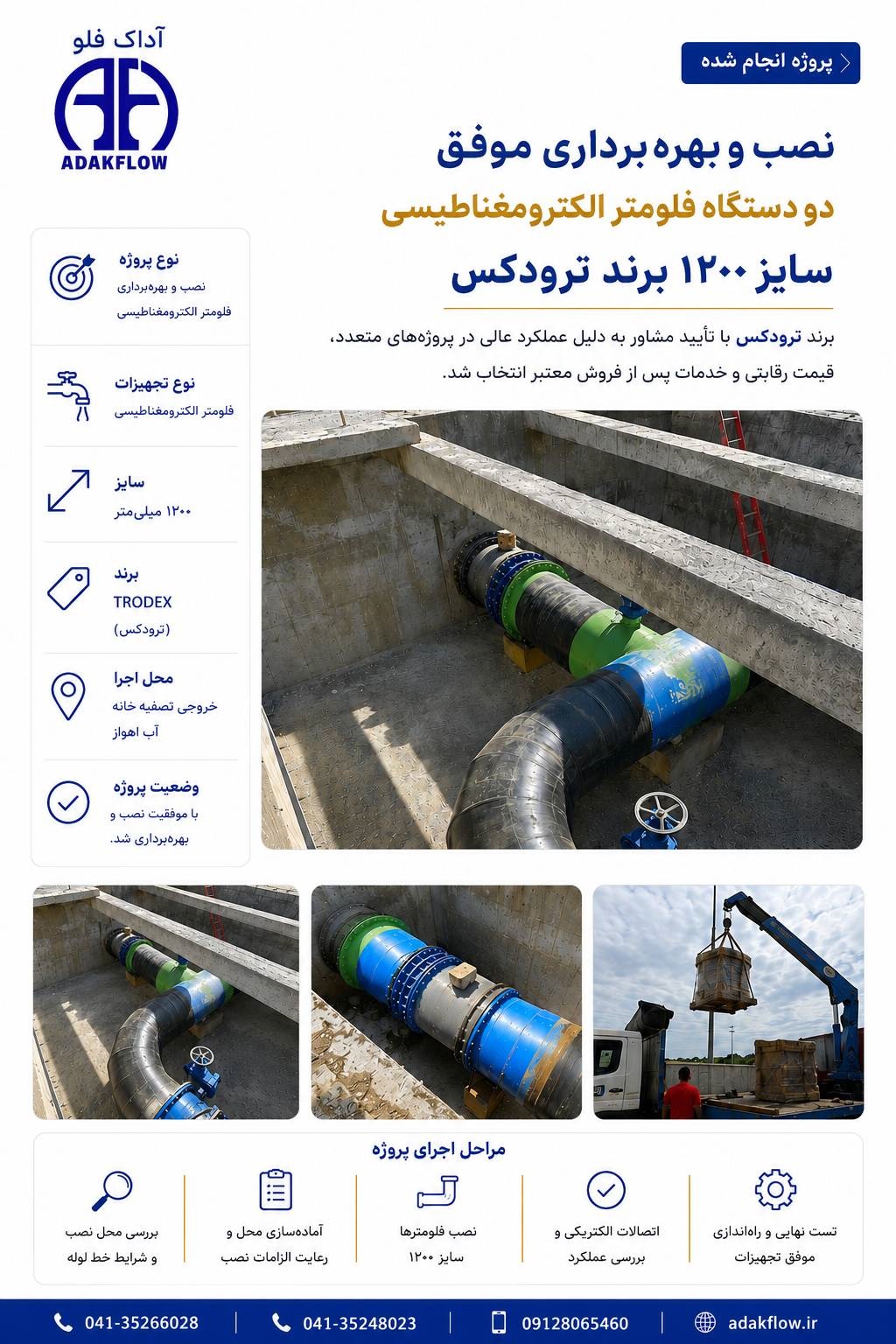 فلومتر الکترومغناطیسی DN1200 برند TRODEKS نصب شده در خروجی تصفیه‌خانه اهواز با سنسور تیتانیوم و لاینینگ رابر جهت اندازه‌گیری دقیق دبی آب توسط ADAKFLOW