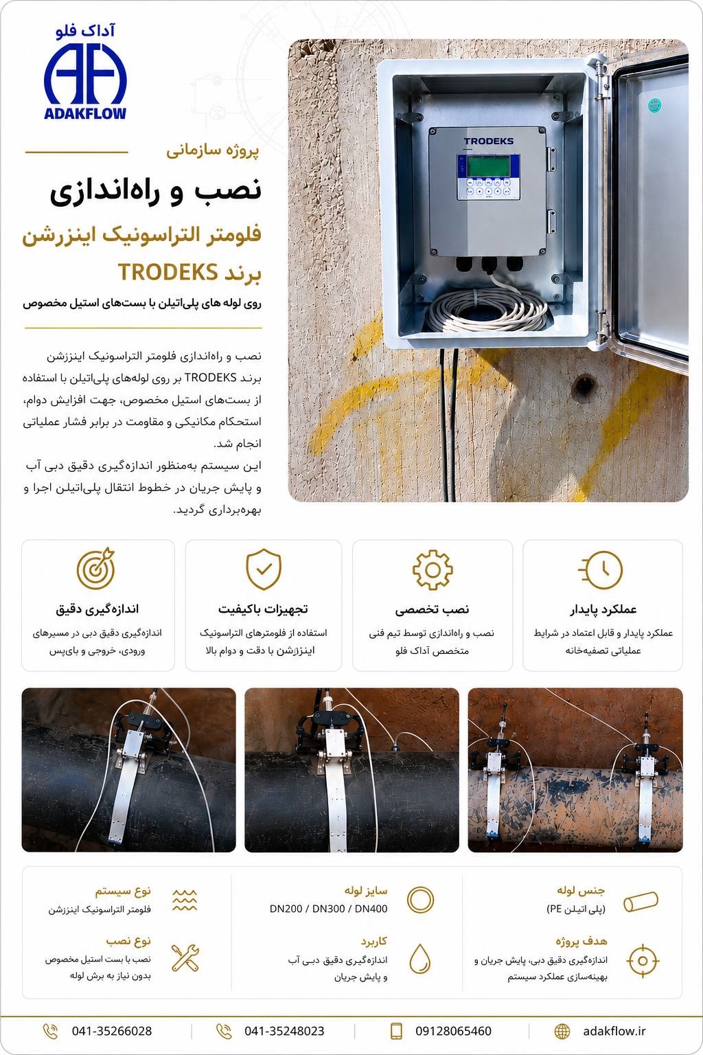 نصب و راه‌اندازی فلومترهای اولتراسونیک اینزرشن برند TRODEKS روی خط انتقال آب پلی‌اتیلن با استفاده از بست‌های استیل مخصوص جهت اندازه‌گیری دقیق دبی آب توسط ADAKFLOW