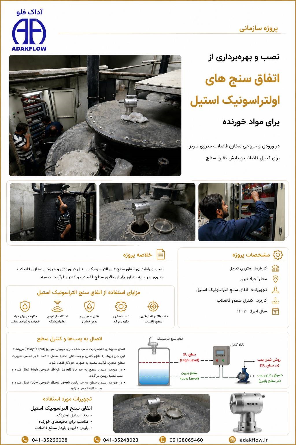 پروژه نصب، بهره‌برداری و راه‌اندازی اتفاق‌سنج‌های اولتراسونیک استیل در مخازن فاضلاب متروی تبریز
